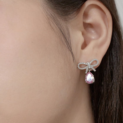 Exquisite S925 Silver Pink Teardrop Bow Earrings – Fashionable & Elegant Women's Jewelry