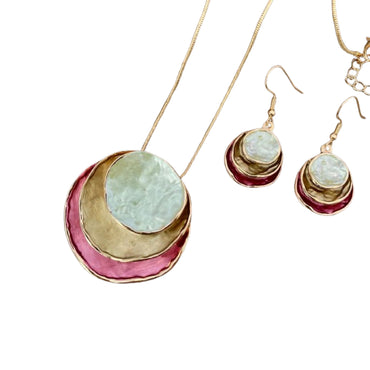 Colorful Oil Painting Design Three-Layer Ring Hollow Pendant Set with Earrings & Necklace