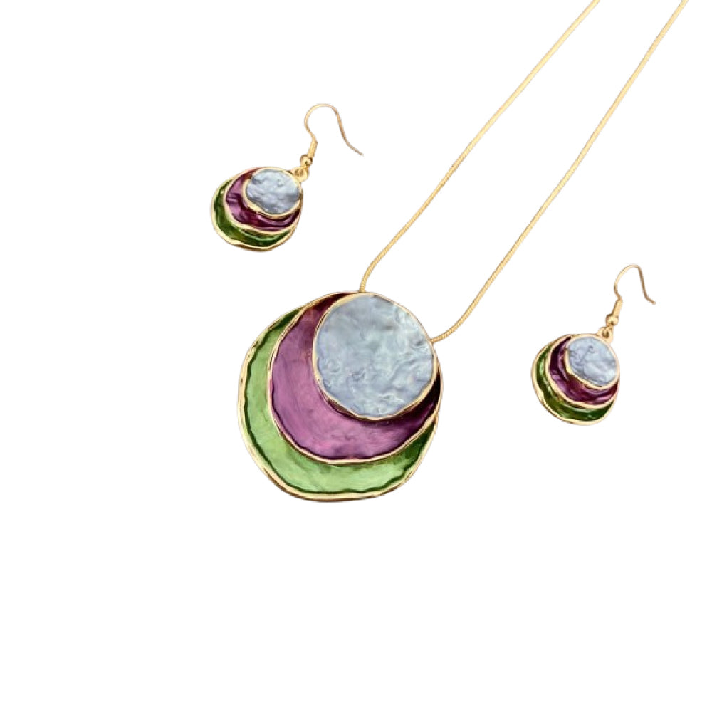 Colorful Oil Painting Design Three-Layer Ring Hollow Pendant Set with Earrings & Necklace