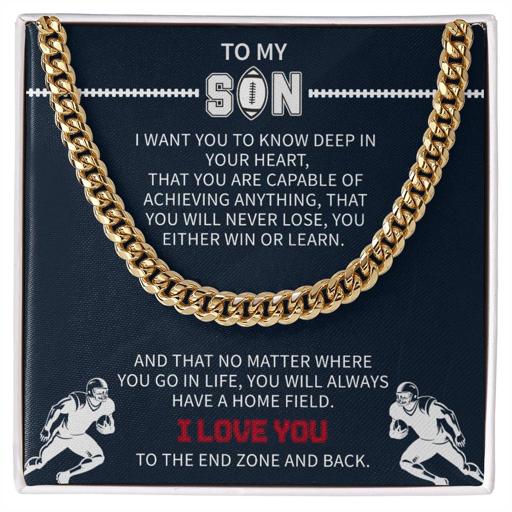 Football Necklace for Son – Inspirational Athlete Gift from Parents, Cuban Link Chain, Stainless & Gold – Christmas Gift