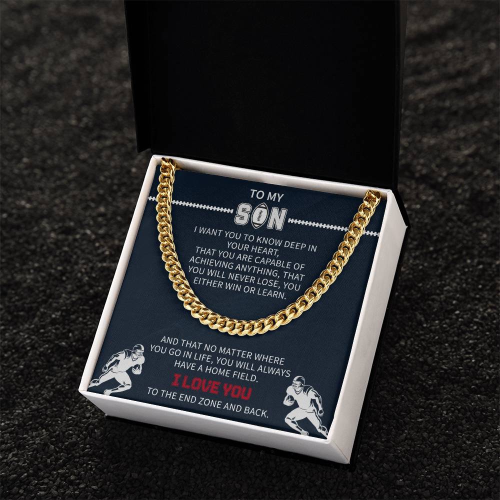 Football Necklace for Son – Inspirational Athlete Gift from Parents, Cuban Link Chain, Stainless & Gold – Christmas Gift