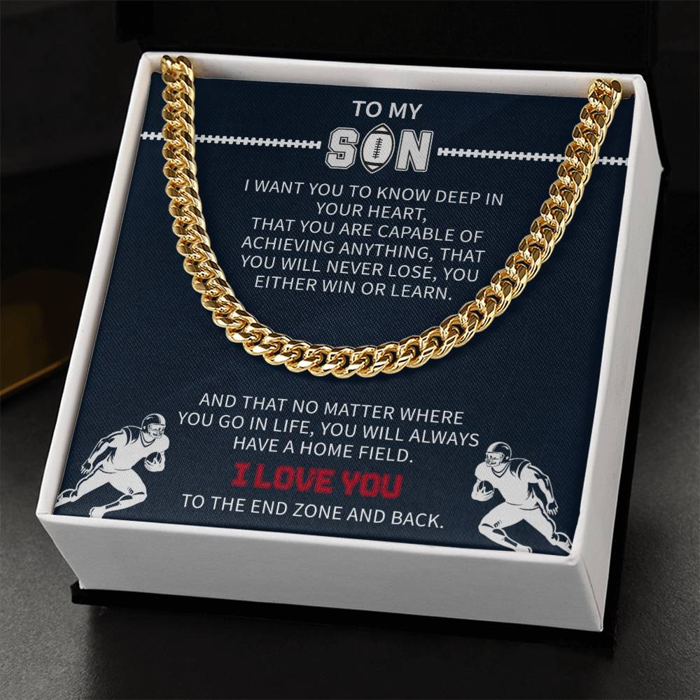 Football Necklace for Son – Inspirational Athlete Gift from Parents, Cuban Link Chain, Stainless & Gold – Christmas Gift