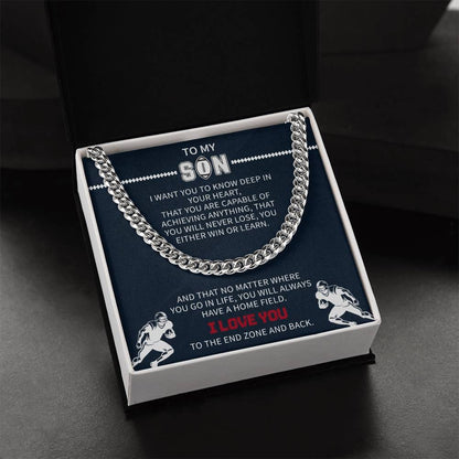 Football Necklace for Son – Inspirational Athlete Gift from Parents, Cuban Link Chain, Stainless & Gold – Christmas Gift