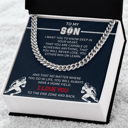 Football Necklace for Son – Inspirational Athlete Gift from Parents, Cuban Link Chain, Stainless & Gold – Christmas Gift