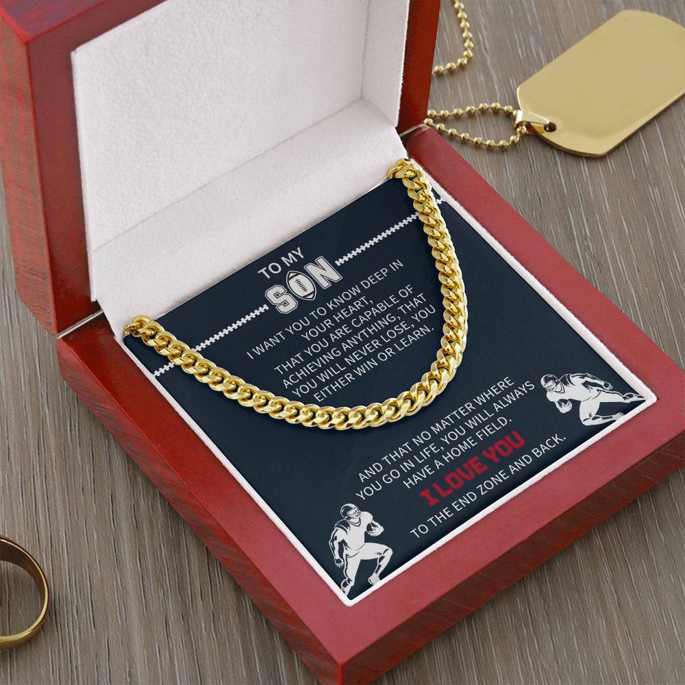 Football Necklace for Son – Inspirational Athlete Gift from Parents, Cuban Link Chain, Stainless & Gold – Christmas Gift