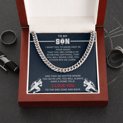 Football Necklace for Son – Inspirational Athlete Gift from Parents, Cuban Link Chain, Stainless & Gold – Christmas Gift