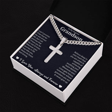 To my Dearest Grandson Cuban Link Chain with Engraved Artisan Cross