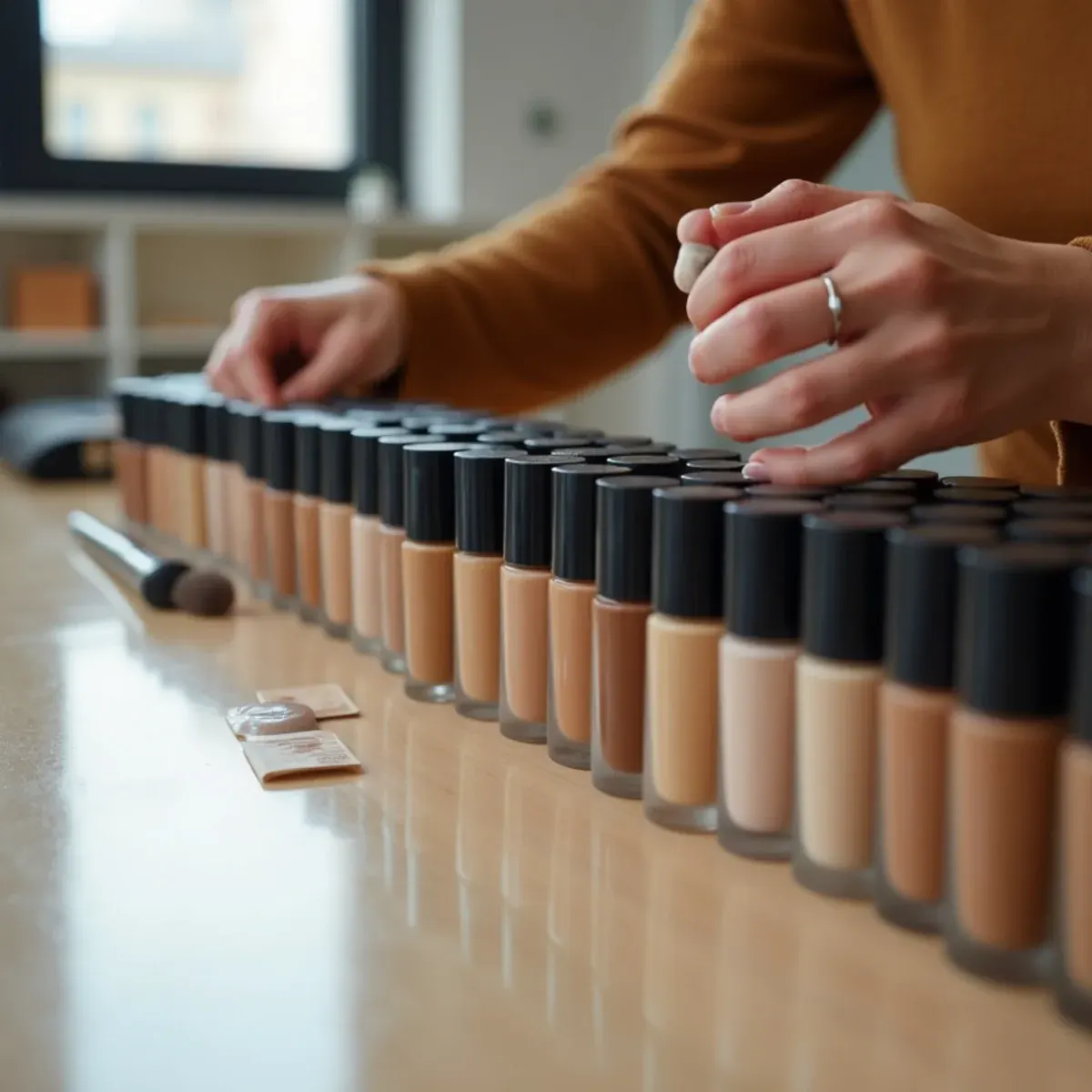 Cosmetics supplier in Warren, Michigan arranging foundation and lip products on a retail counter