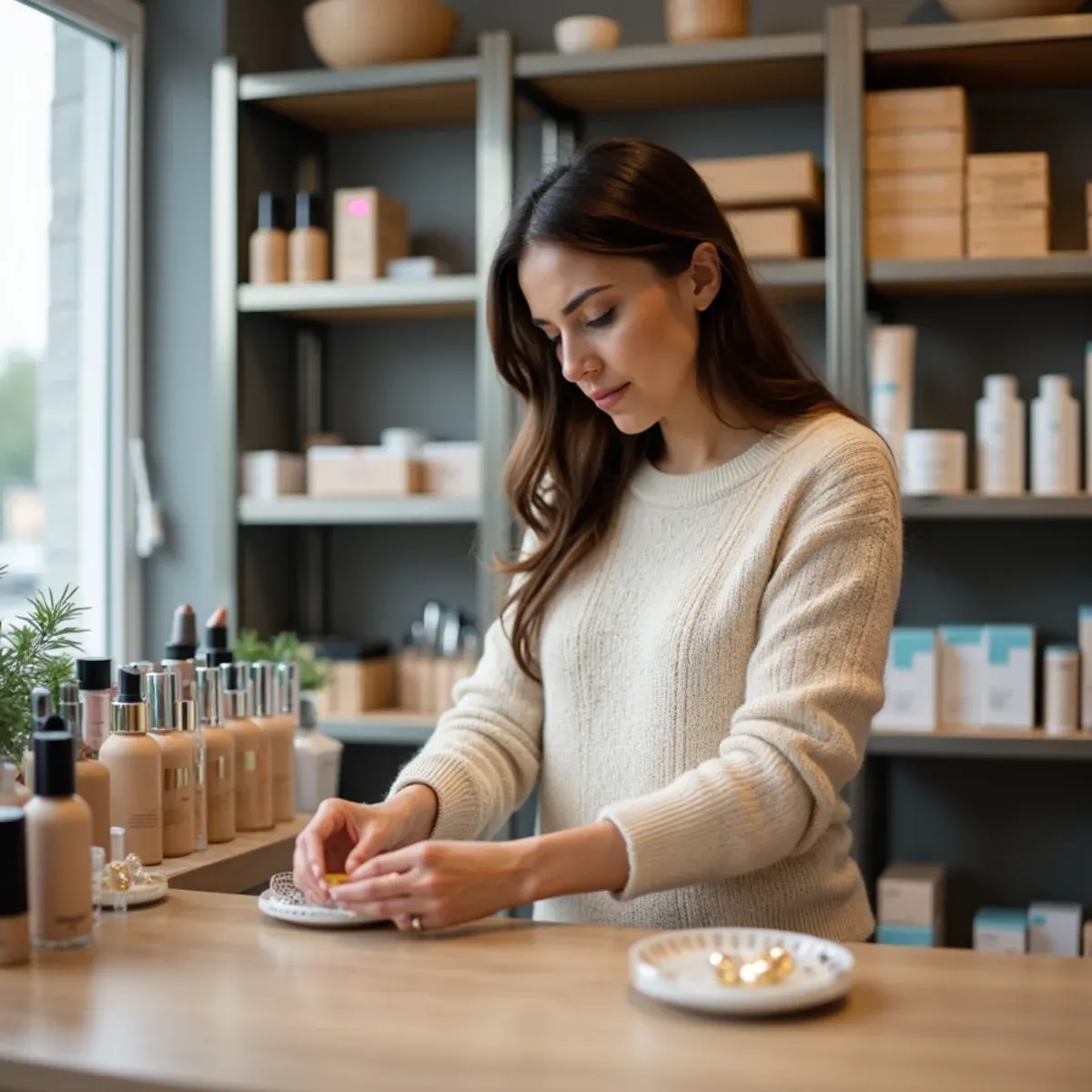 Beauty product supplier in Warren, Michigan with cosmetics, jewelry and wellness products arranged on a retail counter