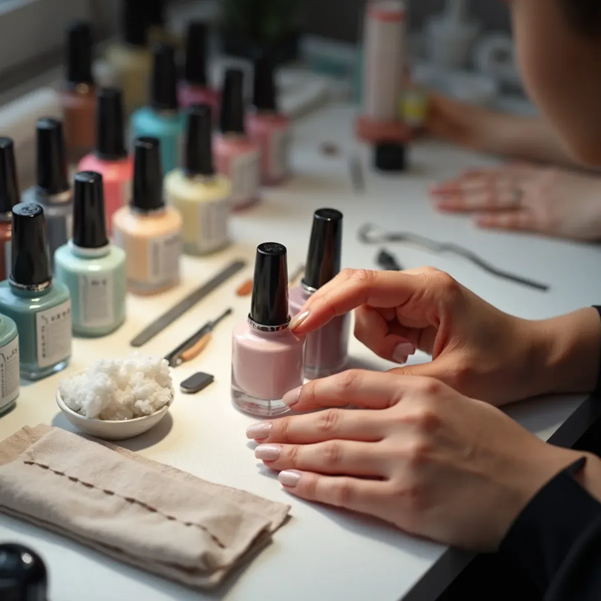 Nail supplies in Warren, Michigan displayed with gel polish bottles, files and manicure tools