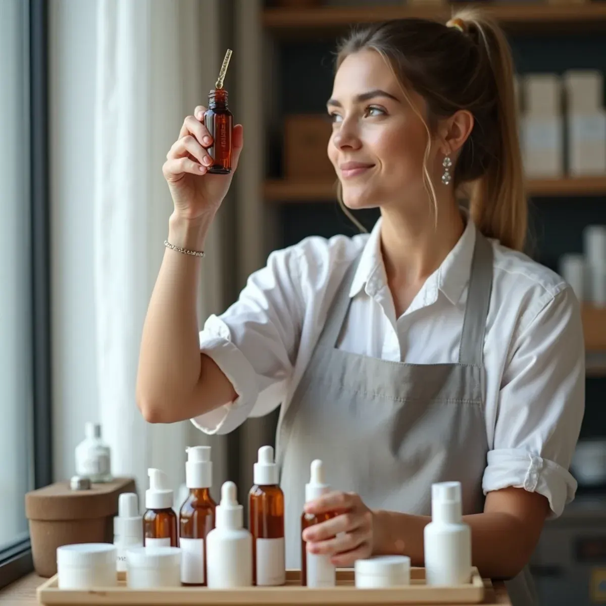 Skincare products supplier in Warren, Michigan checking serum and moisturizer stock on a shelf